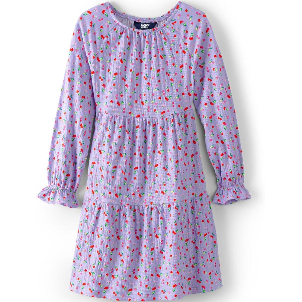 imageLands End Girls Long Sleeve Velvet DressLavender Cherry Hearts