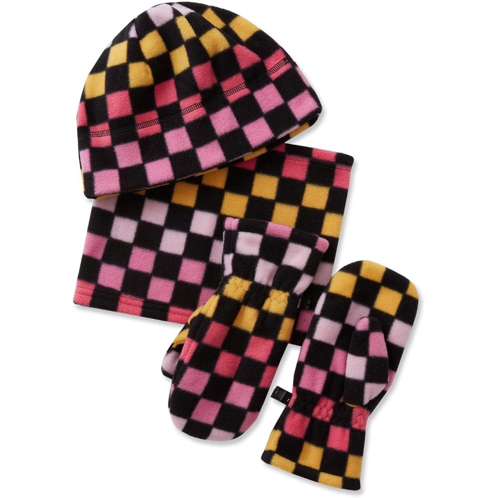 imageLands End Kids Cozy Fleece HatScarfGloves SetGradient CheckRaspberry