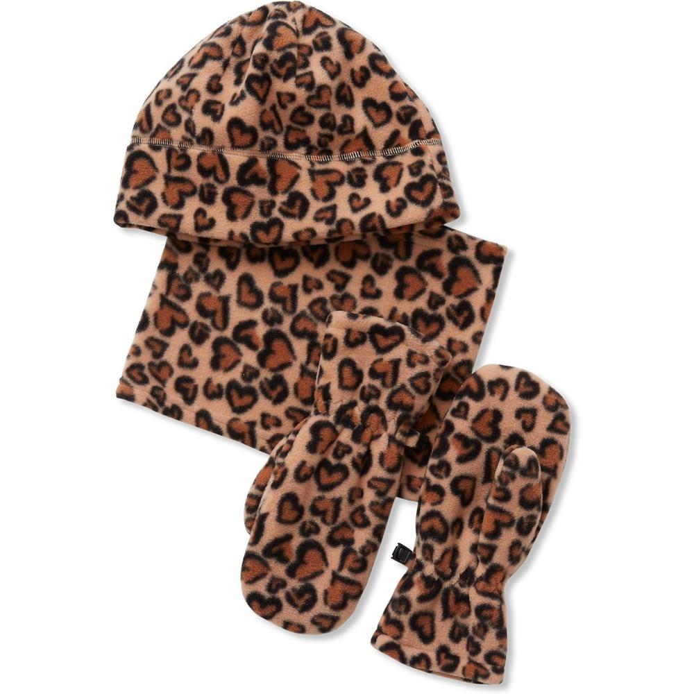 imageLands End Kids Cozy Fleece HatScarfGloves SetTan Cheetah Hearts