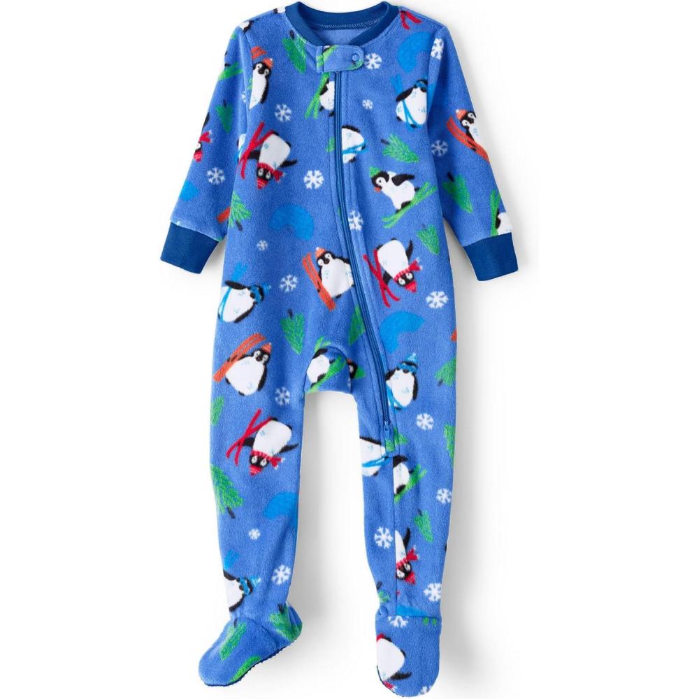imageLands End Kids Footed Fleece SleeperBlue Winter Penguins