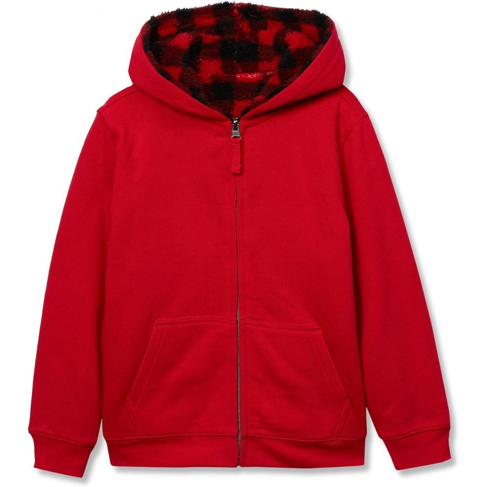 imageLands End Kids High Pile Lined Zip HoodieApple Red Bufflao Check