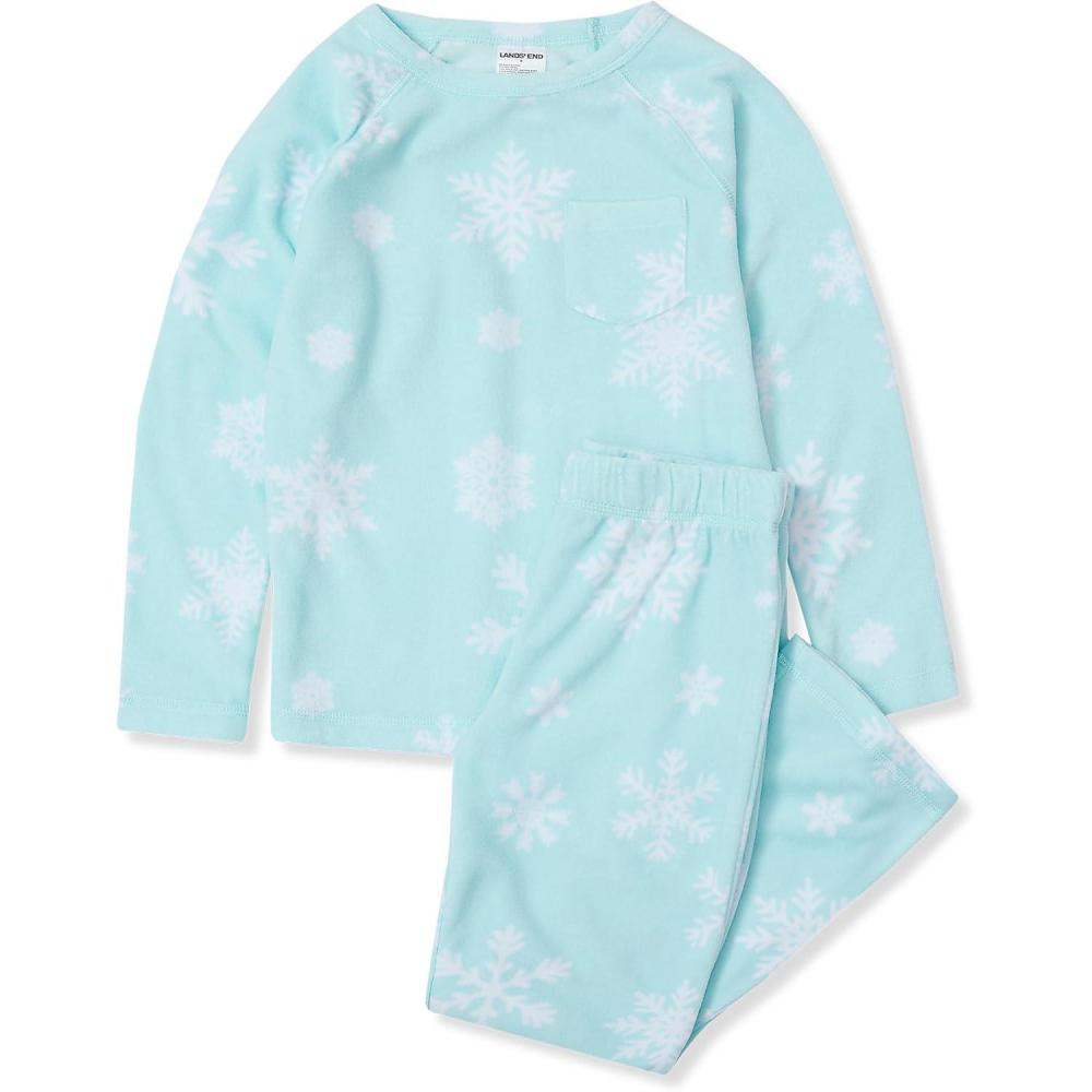 imageLands End Kids Long Sleeve Pocket Fleece Pajama SetAqua Snowflakes