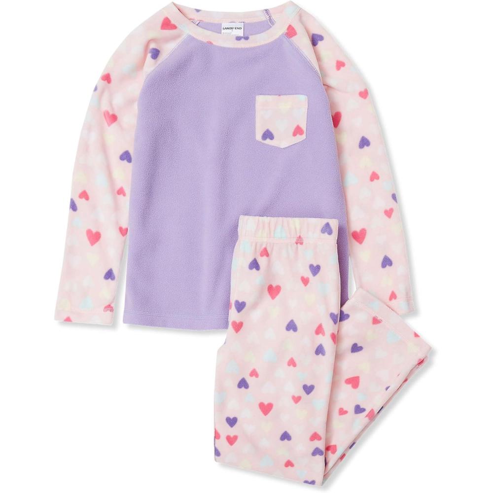 imageLands End Kids Long Sleeve Pocket Fleece Pajama SetPink Watercolor Hearts