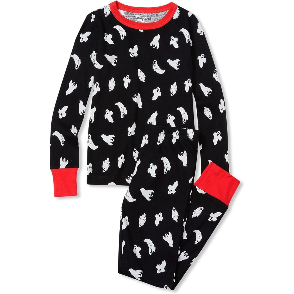 imageLands End Kids Pattern Snug Fit Pajama SetBlack With Happy Ghosts