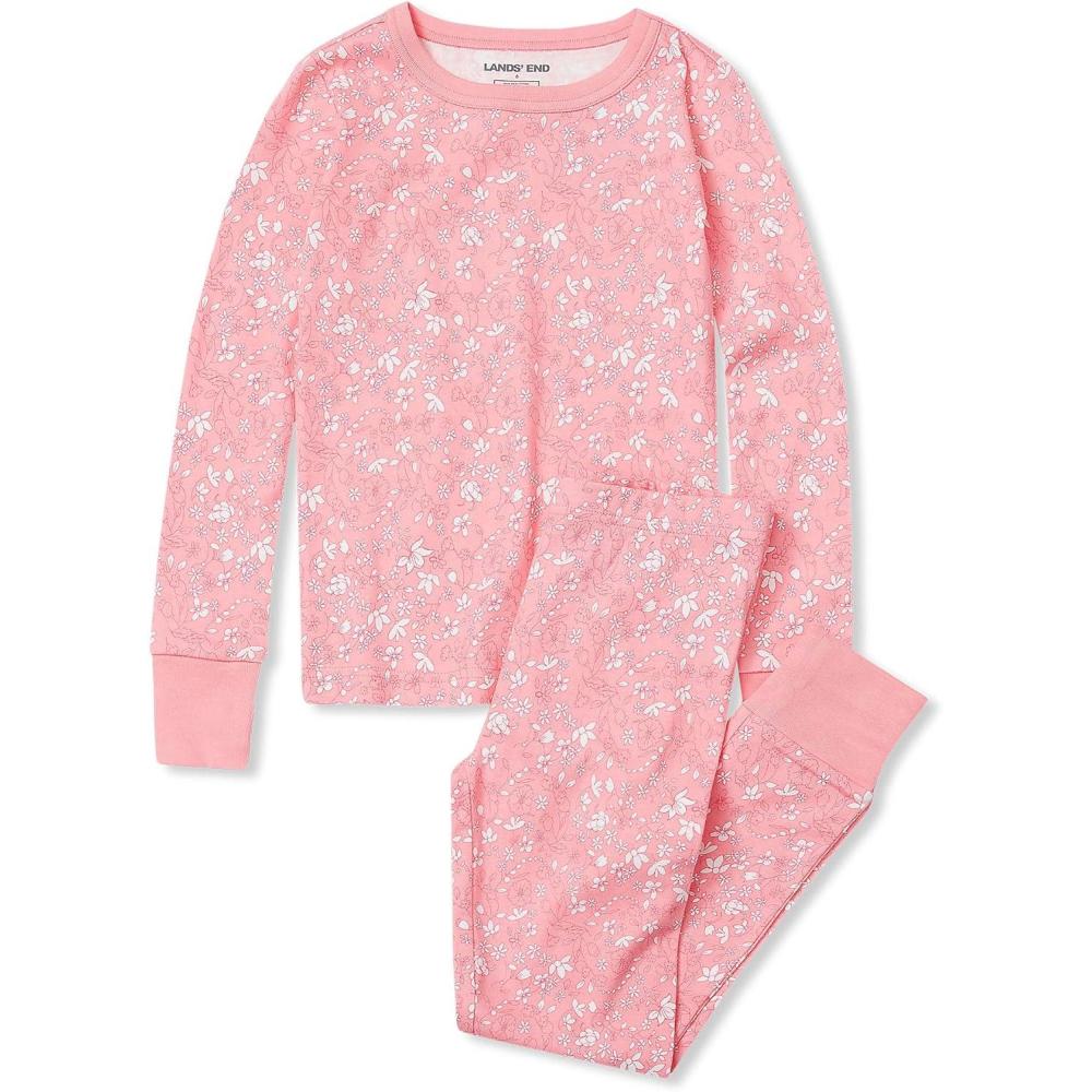 imageLands End Kids Pattern Snug Fit Pajama SetFlorals on Coral Pink