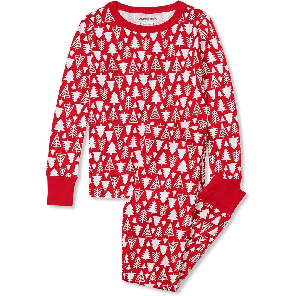 imageLands End Kids Pattern Snug Fit Pajama SetRed Seasonal Trees