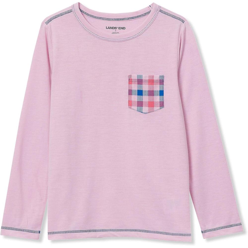 imageLands End Kids Soft Jersey Pocket Sleep Top UltraSoft Cotton Blend TagFree Cozy Fit Fun for Bedtime ComfortGuava Pink Plaid