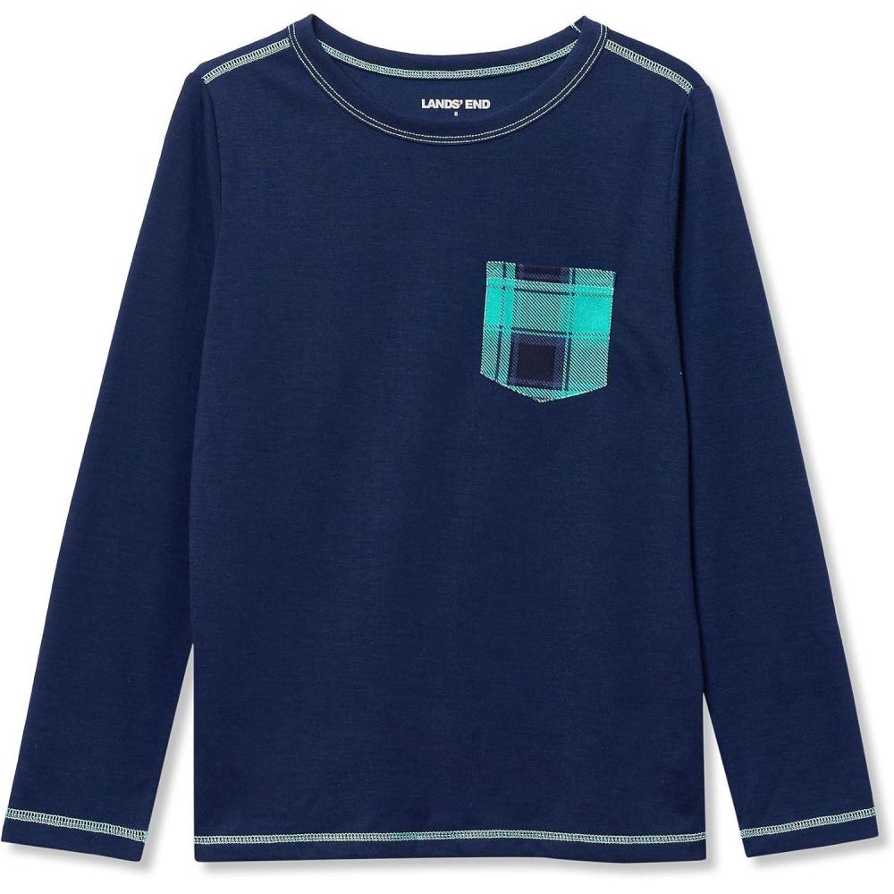 imageLands End Kids Soft Jersey Pocket Sleep Top UltraSoft Cotton Blend TagFree Cozy Fit Fun for Bedtime ComfortNavyCockatoo Plaid