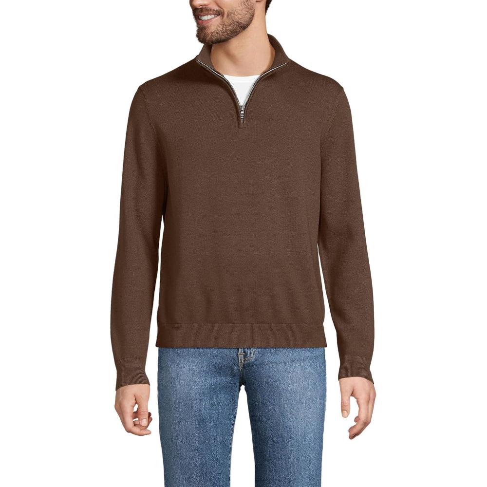 imageLands End Mens Long Sleeve Fine Gauge Cotton Quarter Zip SweaterDark Walnut Brown