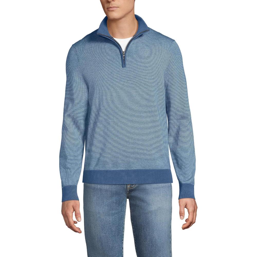 imageLands End Mens Long Sleeve Fine Gauge Cotton Quarter Zip SweaterLight Indigo Blue Stripe