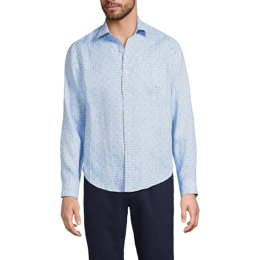 imageLands End Mens Long Sleeve Linen ShirtCrisp Blue Mosaic