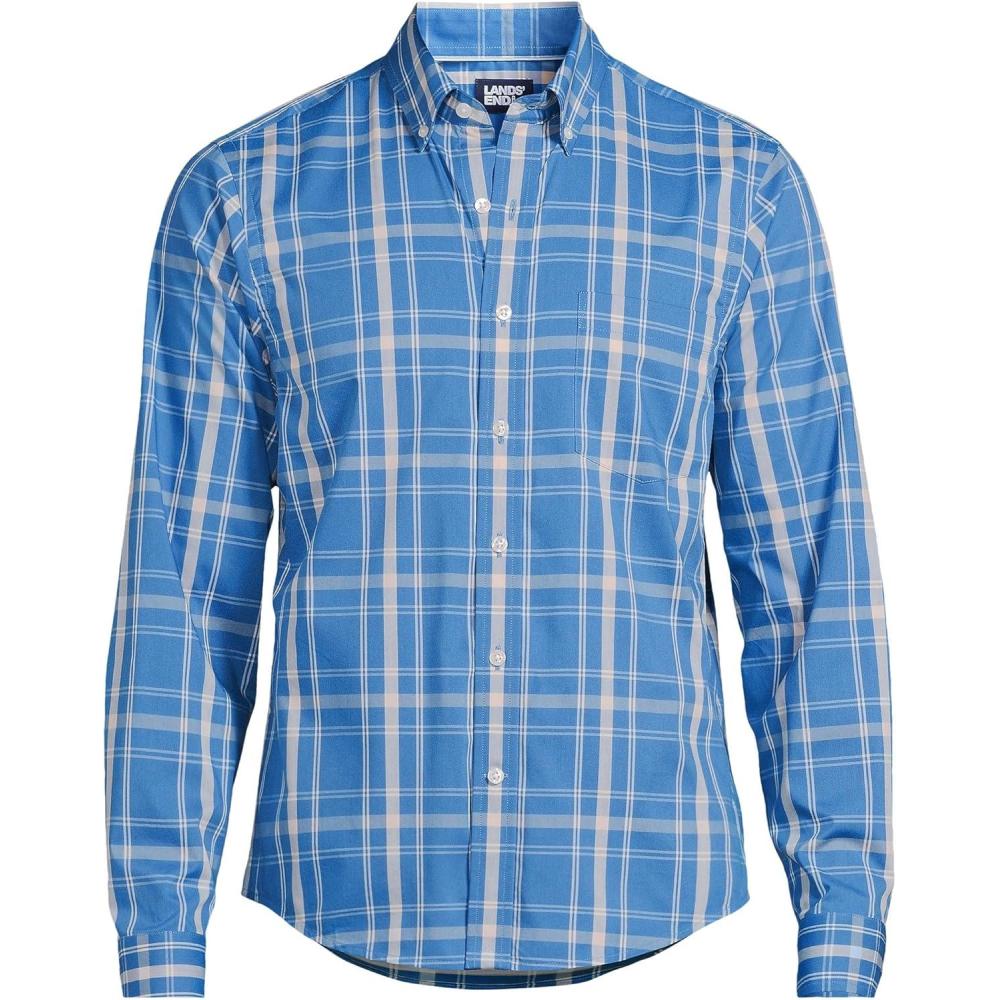 imageLands End Mens Long Sleeve Tailored Fit Travel Kit ShirtMariner BluePale Almond Plaid