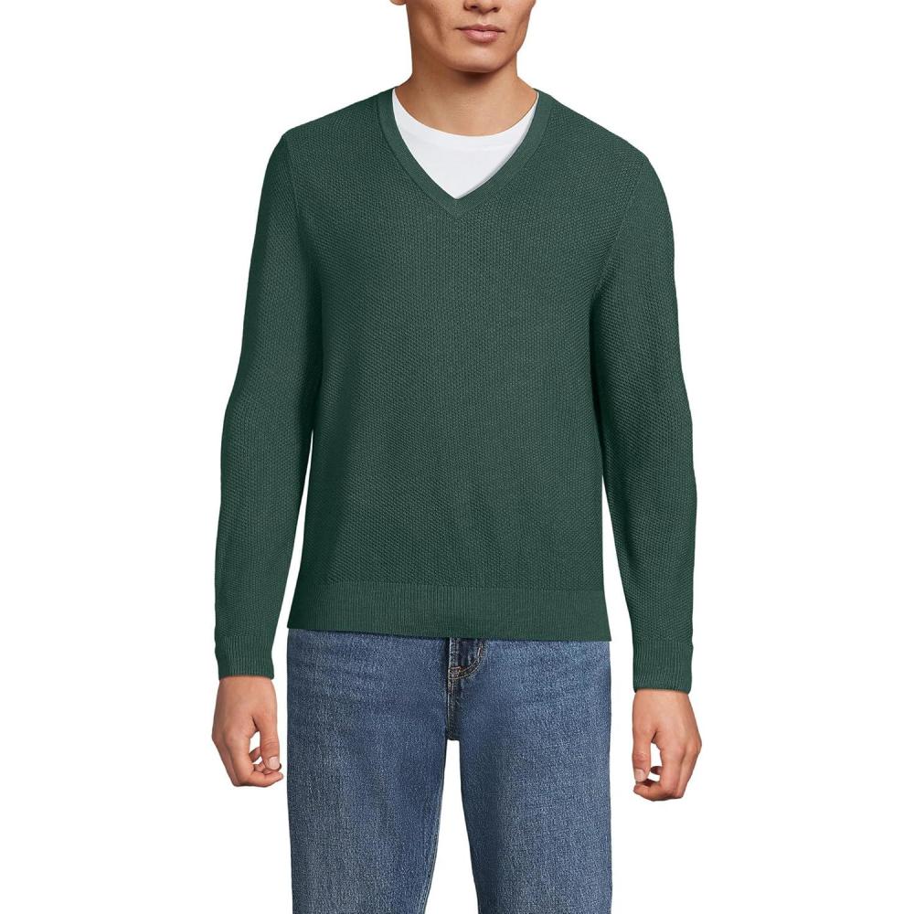 imageLands End Mens Long Sleeve Washable Merino Wool V Neck SweaterDark Evergreen