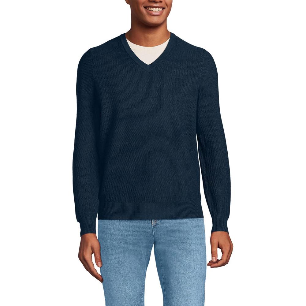 imageLands End Mens Long Sleeve Washable Merino Wool V Neck SweaterRadiant Navy