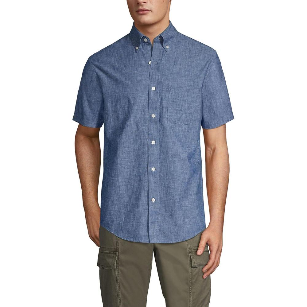 imageLands End Mens Short Sleeve Button Down Chambray ShirtDark Wash