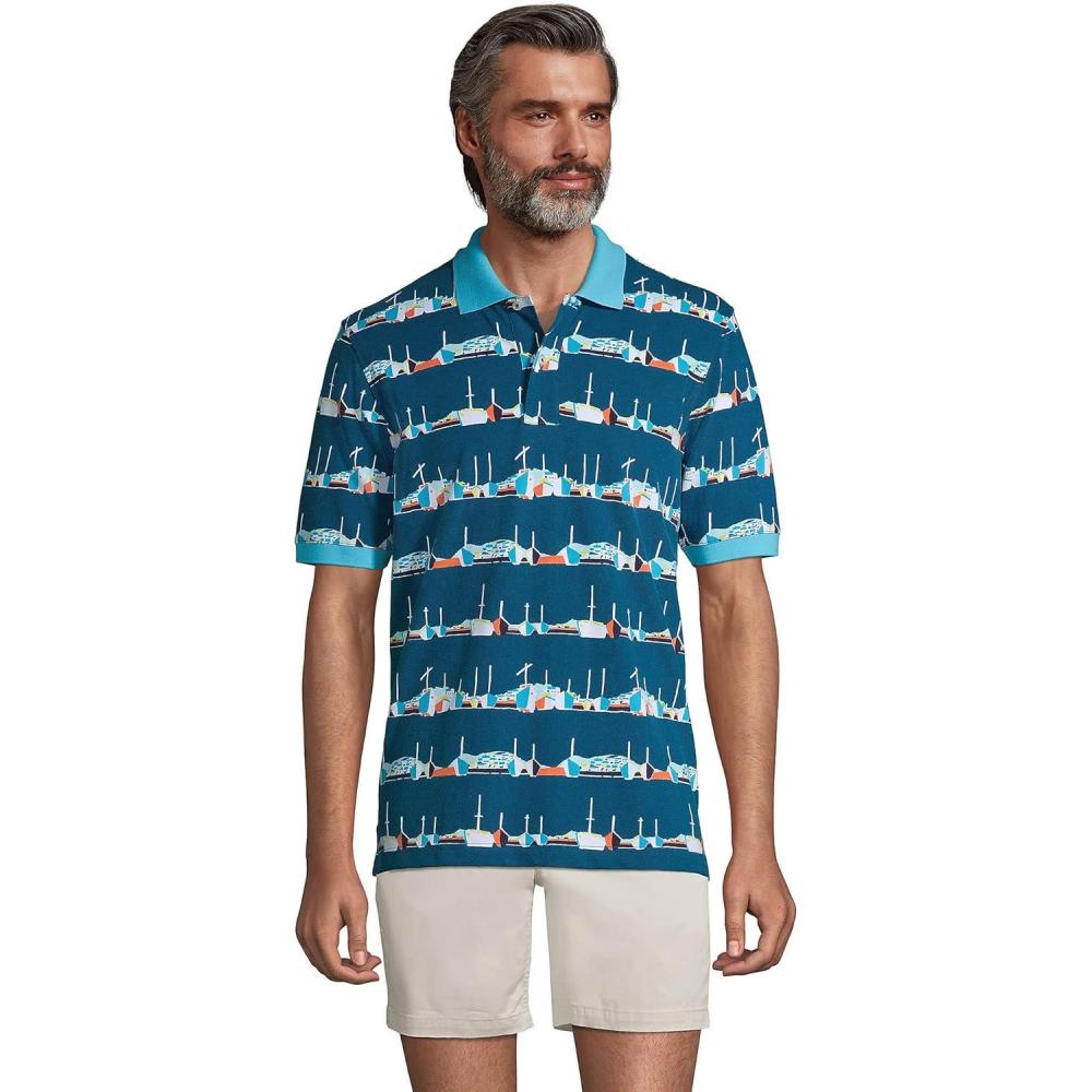 imageLands End Mens Short Sleeve ComfortFirst Mesh Polo ShirtBaltic Teal Docked Boats