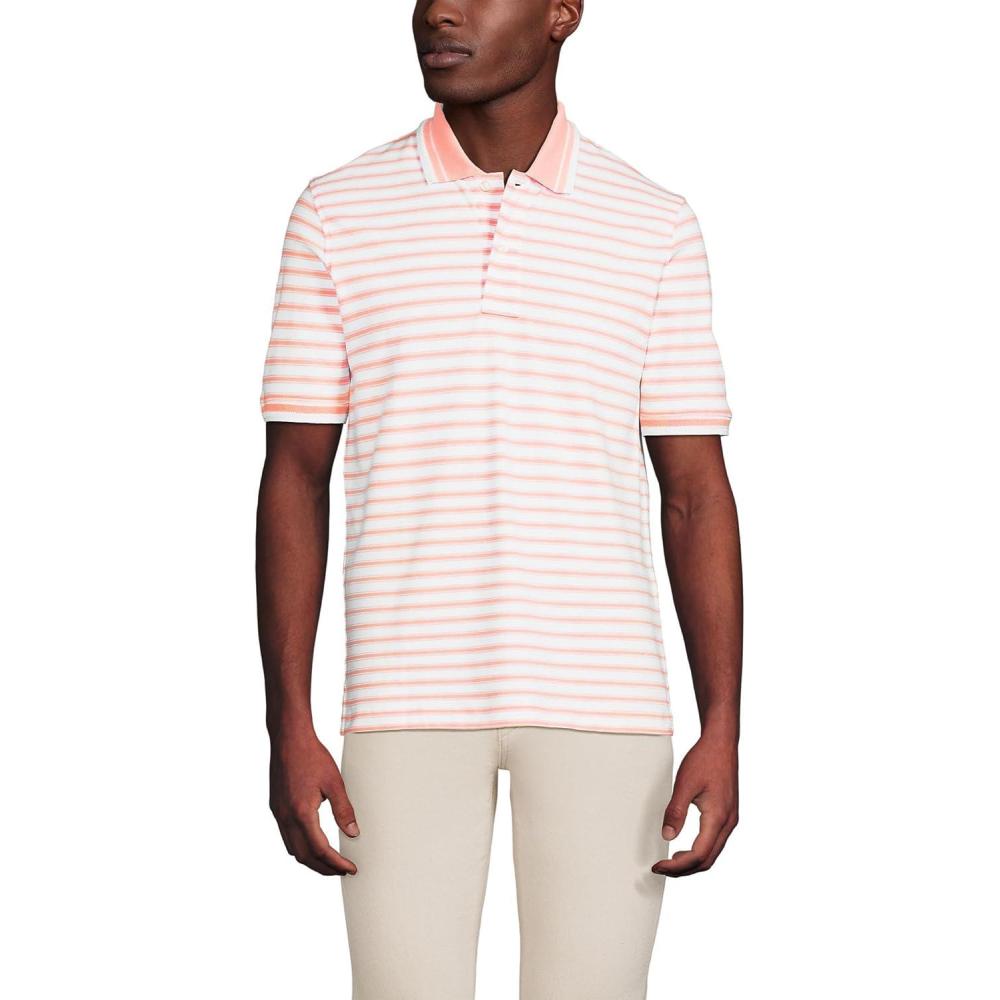 imageLands End Mens Short Sleeve ComfortFirst Mesh Polo ShirtWhiteCrisp Peach Stripe