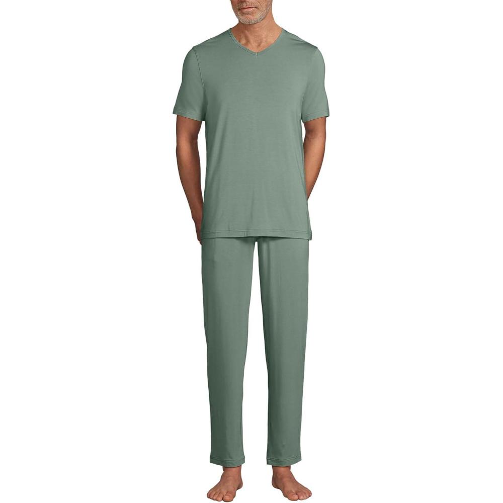 imageLands End Mens Short Sleeve Cooling Knit VNeck Pajama SetLily Pad Green