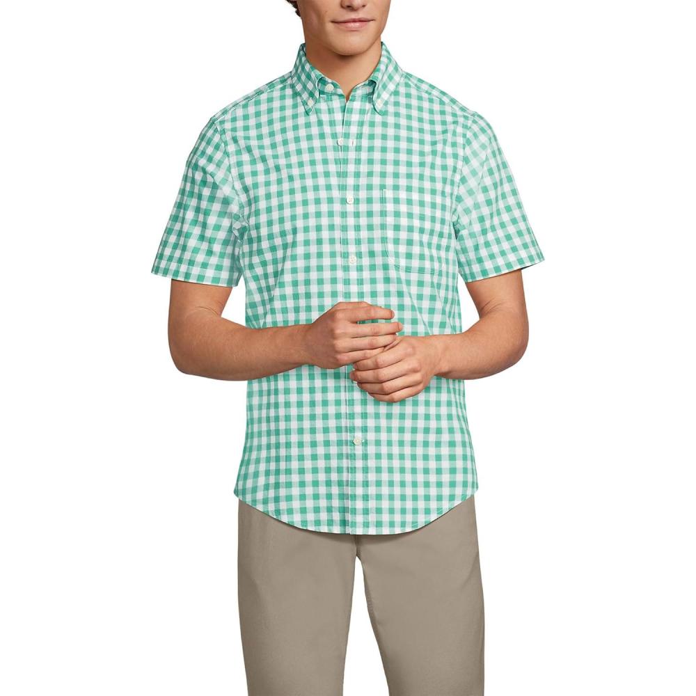 imageLands End Mens Short Sleeve Essential Lightweight PoplinBay Water Green Check