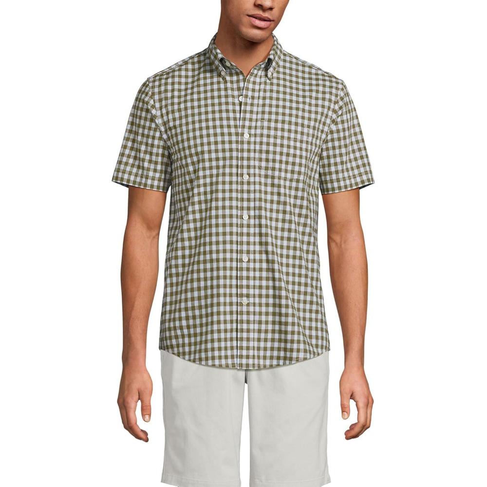imageLands End Mens Short Sleeve Essential Lightweight PoplinOlive Drab Gingham