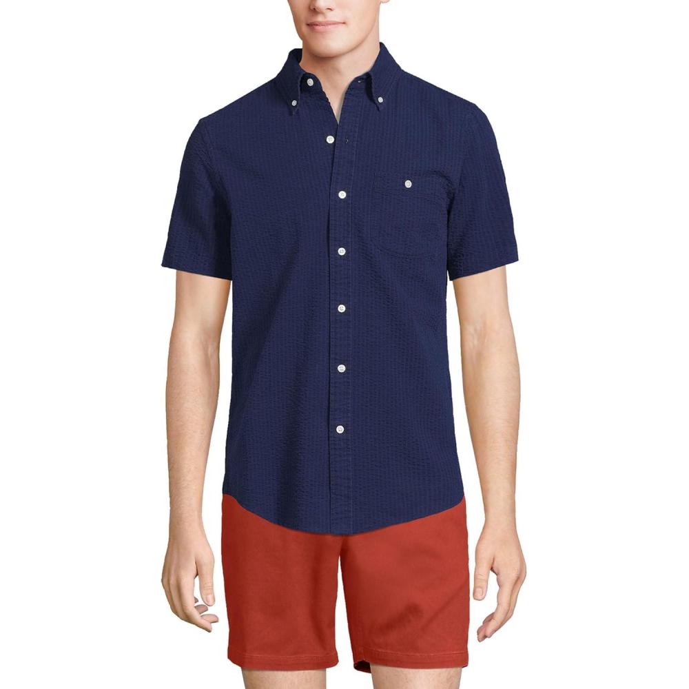 imageLands End Mens Short Sleeve Seersucker ShirtDeep Sea Navy