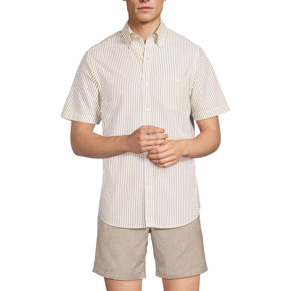 imageLands End Mens Short Sleeve Seersucker ShirtGolden Sand Banker Stripe