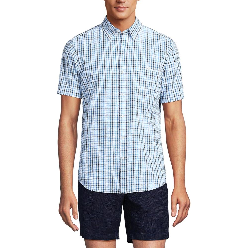 imageLands End Mens Short Sleeve Seersucker ShirtRoyal Cobalt Tattersall