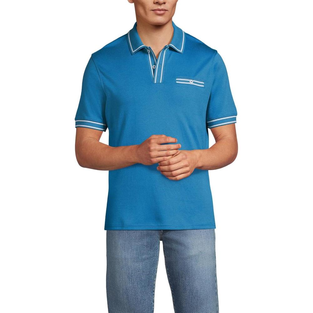 imageLands End Mens Short Sleeve Tipped Welt Pocket AmericanGrown Supima Cotton PoloBlue Hyacinth