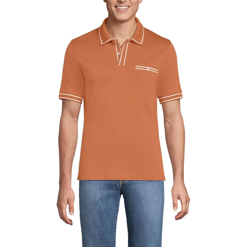 imageLands End Mens Short Sleeve Tipped Welt Pocket AmericanGrown Supima Cotton PoloCopper Orange