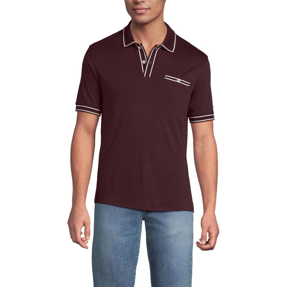 imageLands End Mens Short Sleeve Tipped Welt Pocket AmericanGrown Supima Cotton PoloLush Burgundy