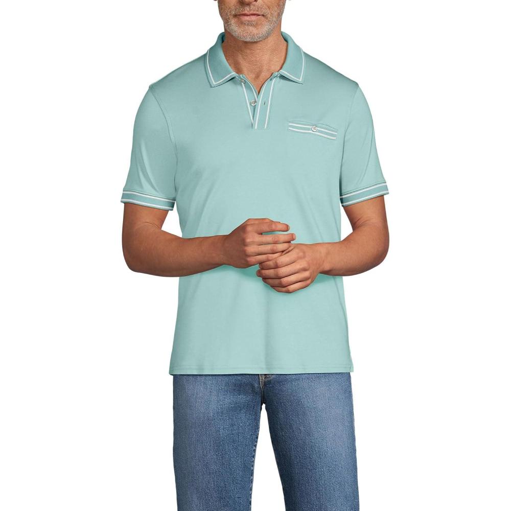 imageLands End Mens Short Sleeve Tipped Welt Pocket AmericanGrown Supima Cotton PoloPale Teal