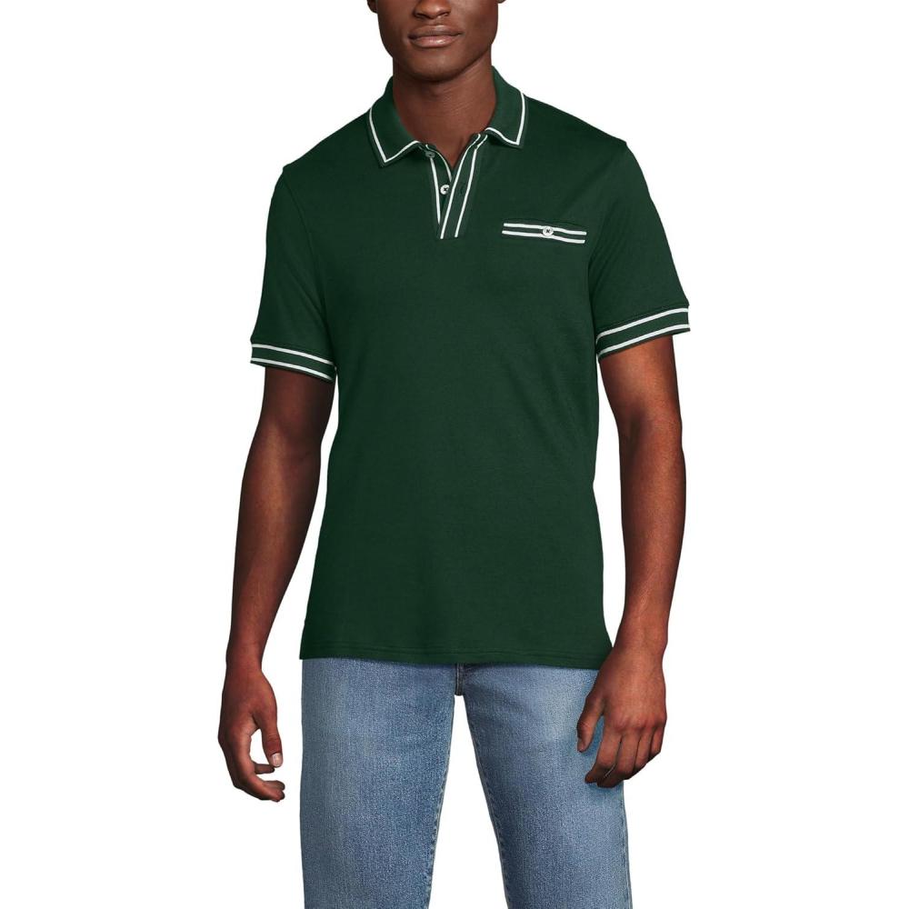 imageLands End Mens Short Sleeve Tipped Welt Pocket AmericanGrown Supima Cotton PoloPine Valley
