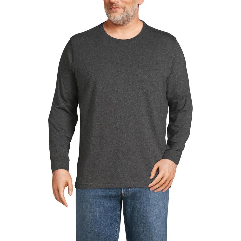 imageLands End Mens SuperT Long Sleeve TShirt with PocketDark Charcoal Heather
