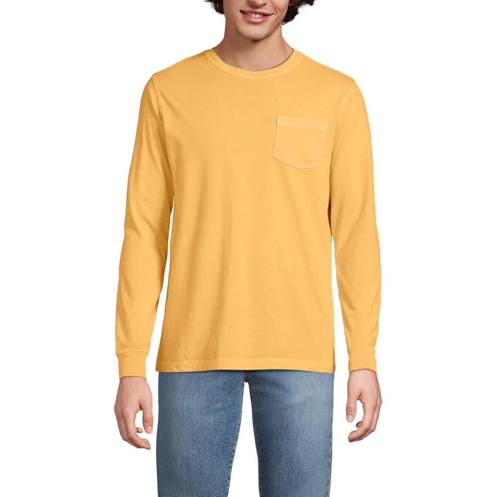 imageLands End Mens SuperT Long Sleeve TShirt with PocketWashed Mango Garment Dye