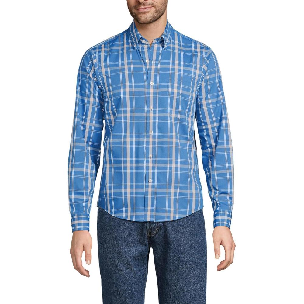 imageLands End Mens Traditional Fit Long Sleeve Travel Kit ShirtMariner BluePale Almond Plaid