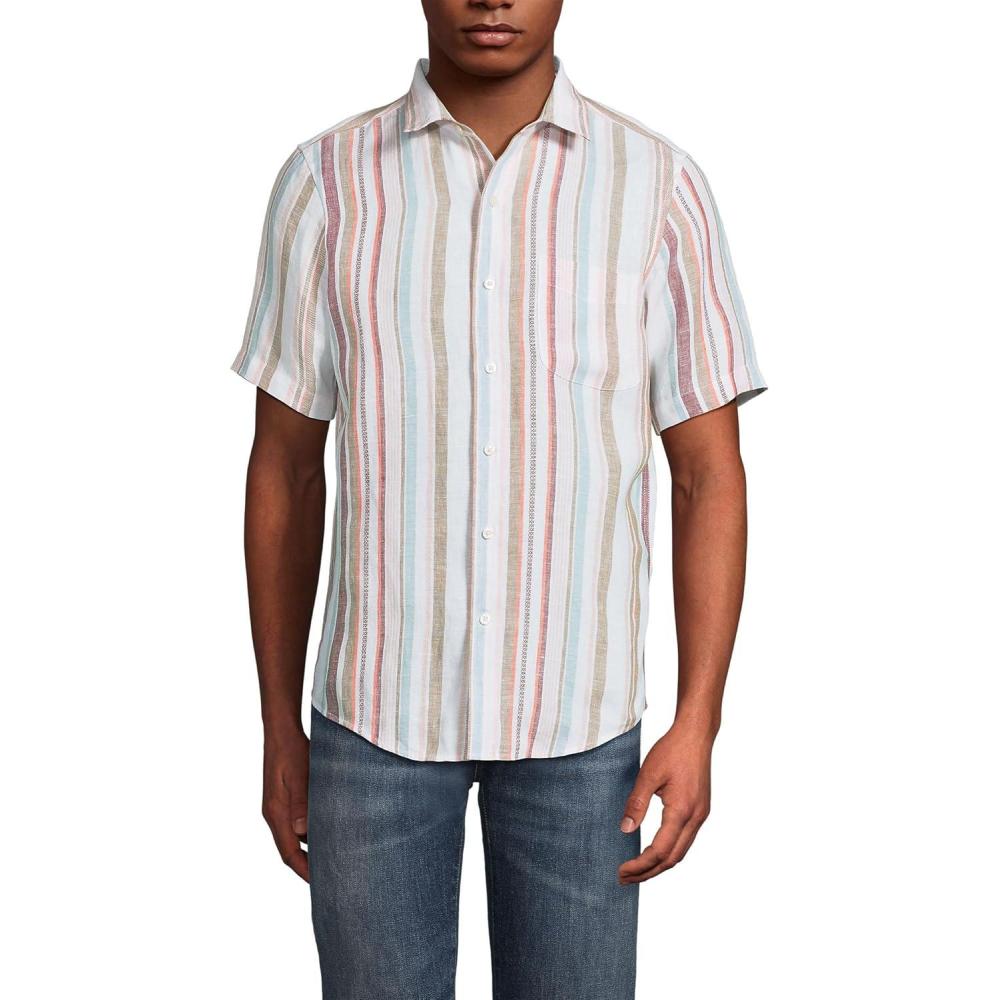 imageLands End Mens Traditional Fit Short Sleeve Linen ShirtClassic Vanilla Multi Stripe