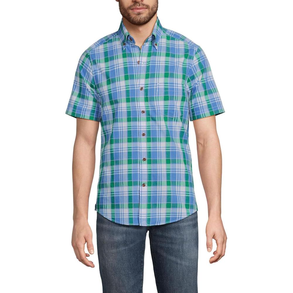 imageLands End Mens Traditional Fit Short Sleeve Madras ShirtMariner BlueClover Plaid