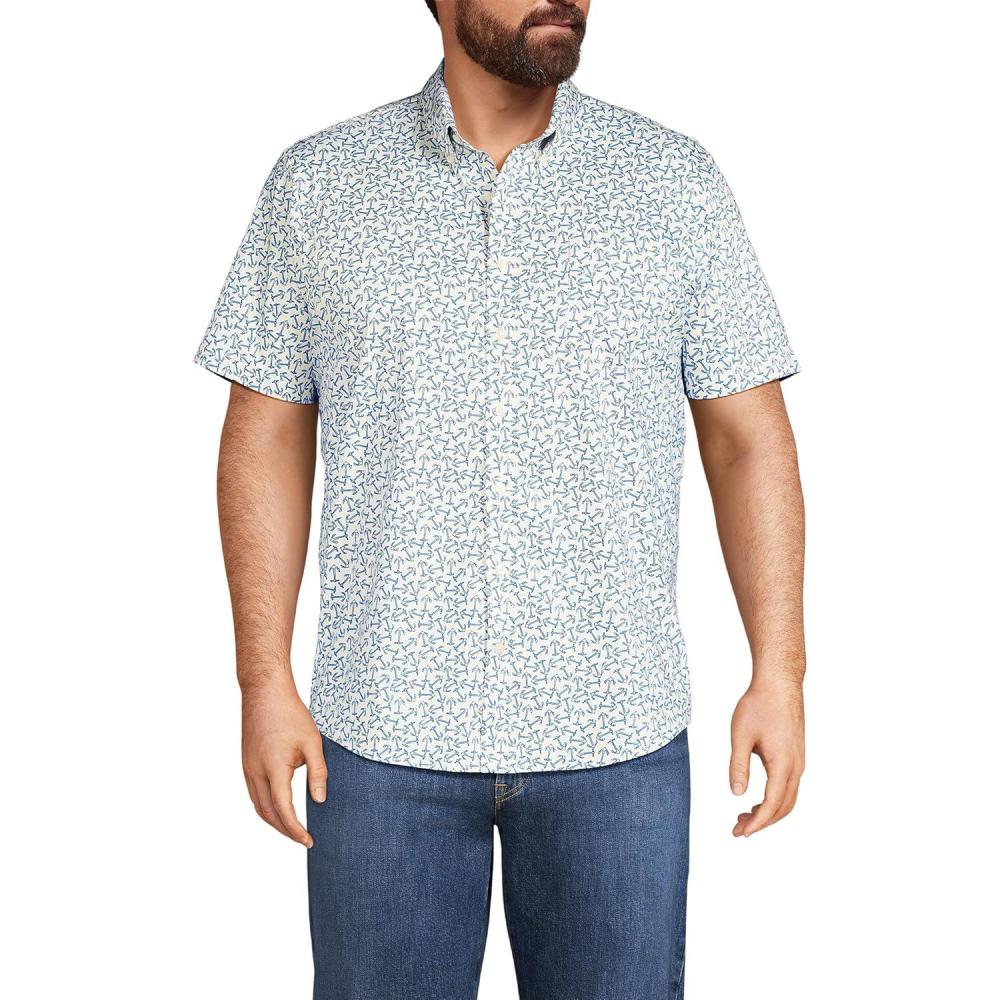 imageLands End Mens Traditional Fit Short Sleeve Travel Kit ShirtIvoryMariner Blue Anchors