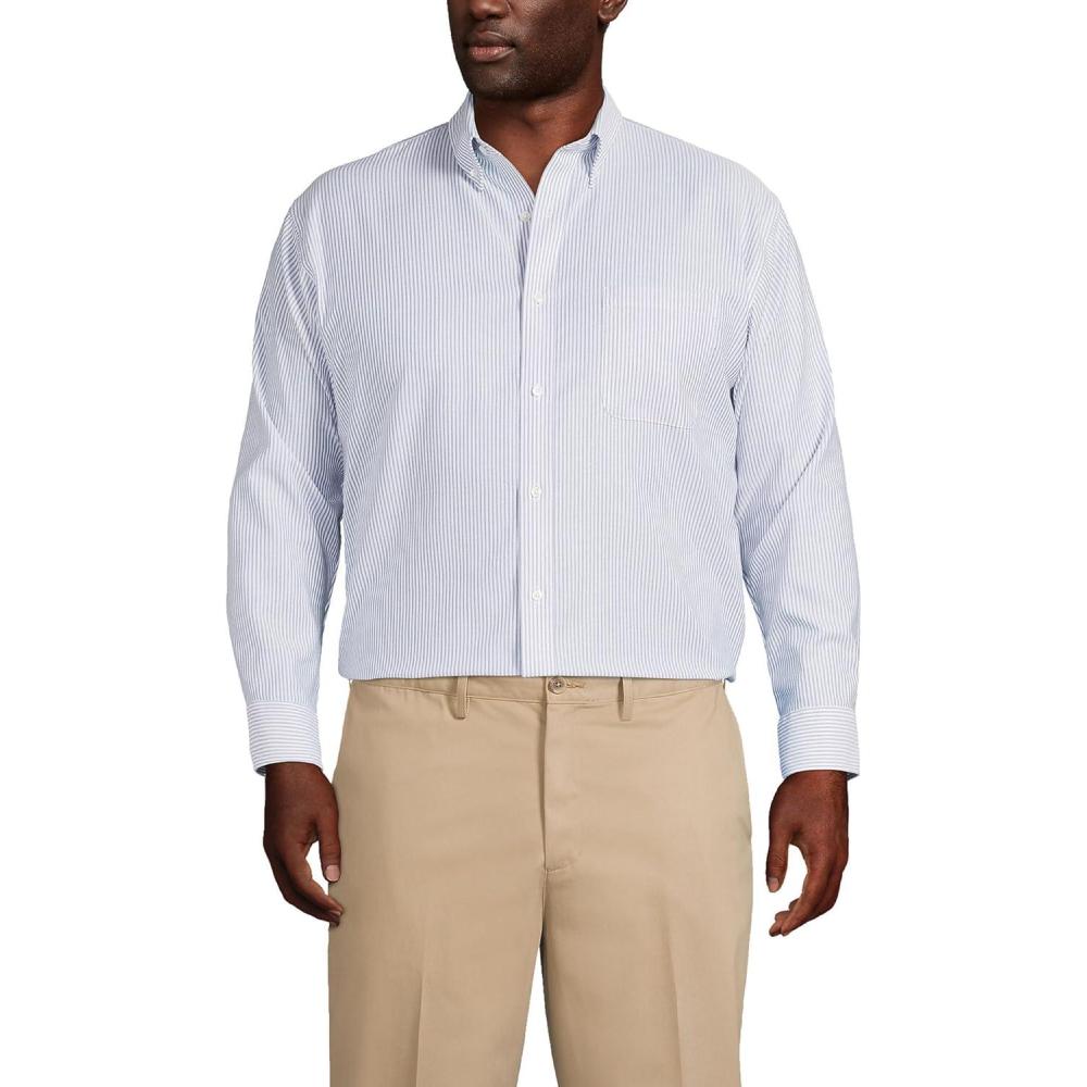 imageLands End Mens Traditional Fit Solid No Iron AmericanGrown Supima Oxford Dress ShirtBayshore Blue Stripe