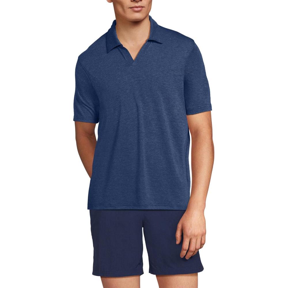 imageLands End Mens UPF 50 Short Sleeve Johnny Collar Polo Rash Guard ShirtDeep Sea Navy Heather