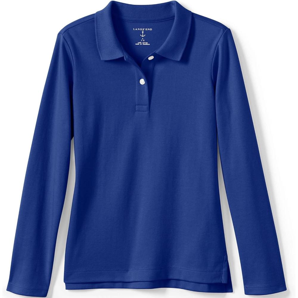 imageLands End School Uniform Girls Long Sleeve Feminine Fit Interlock Polo ShirtCobalt