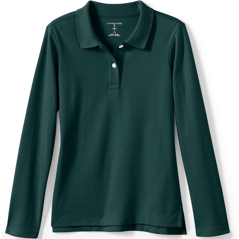 imageLands End School Uniform Girls Long Sleeve Feminine Fit Interlock Polo ShirtEvergreen