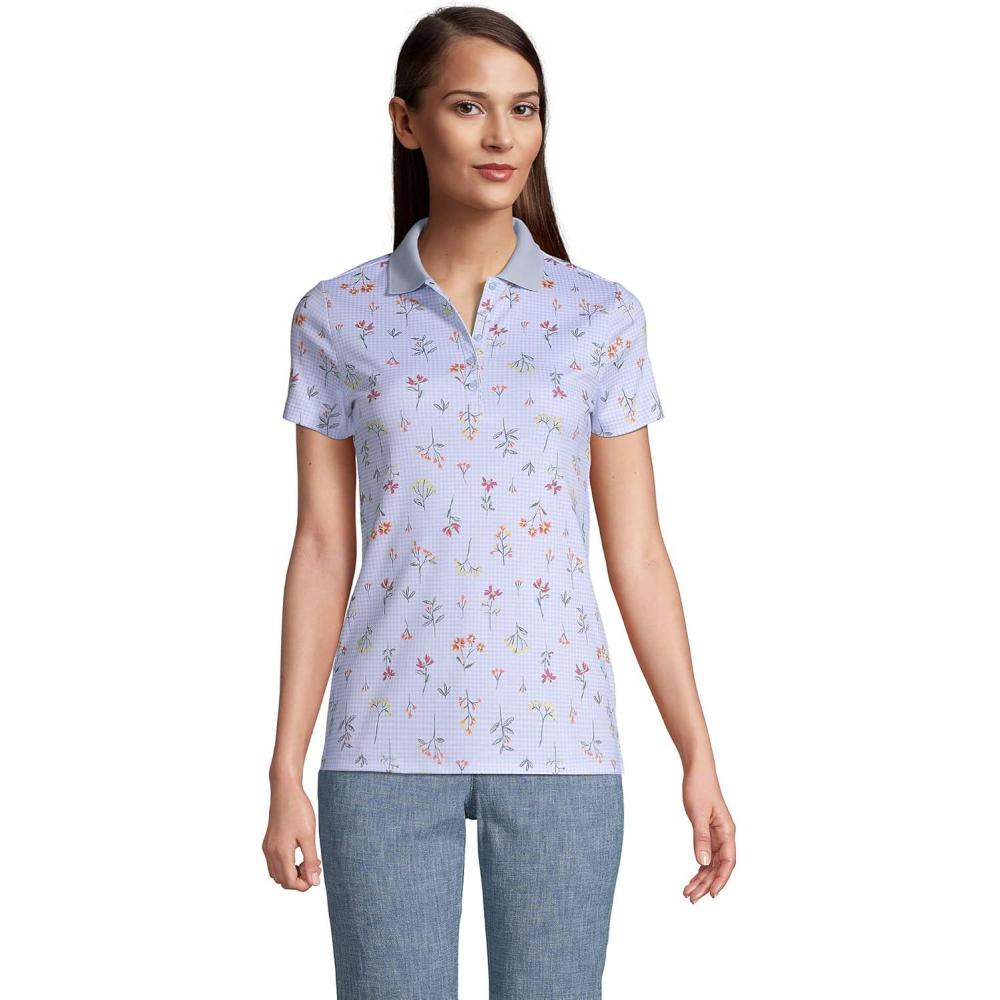 imageLands End Womens AmericanGrown Supima Cotton Polo ShirtBlue Botanical Floral Check