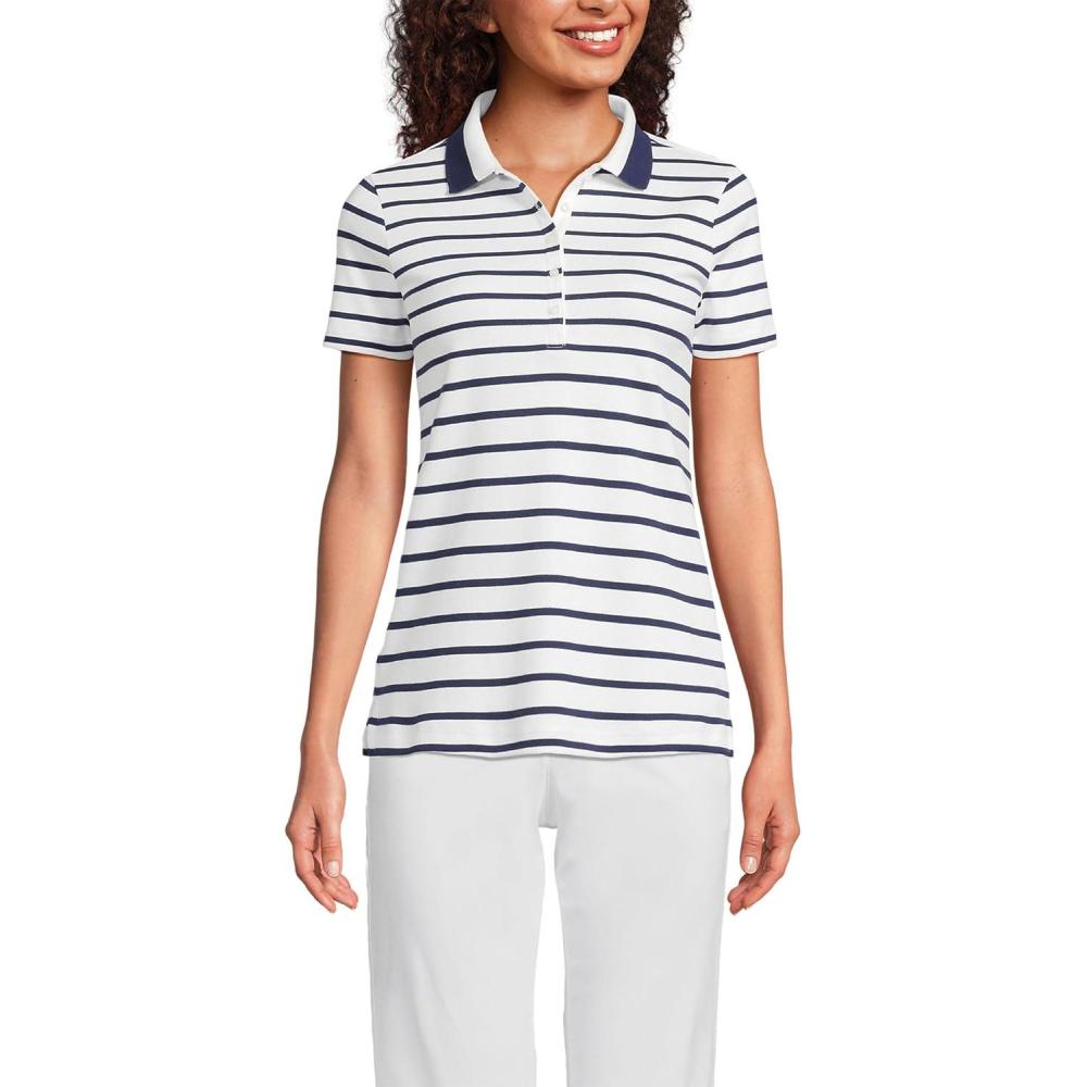 imageLands End Womens AmericanGrown Supima Cotton Polo ShirtWhiteNavy Stripe Tipped