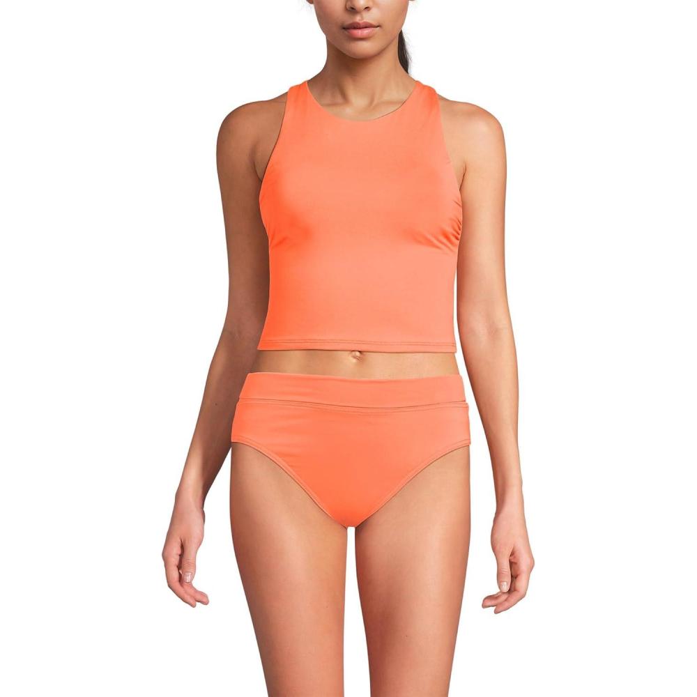 imageLands End Womens Chlorine Resistant High Neck Racerback Midkini Swimsuit TopPapaya Orange