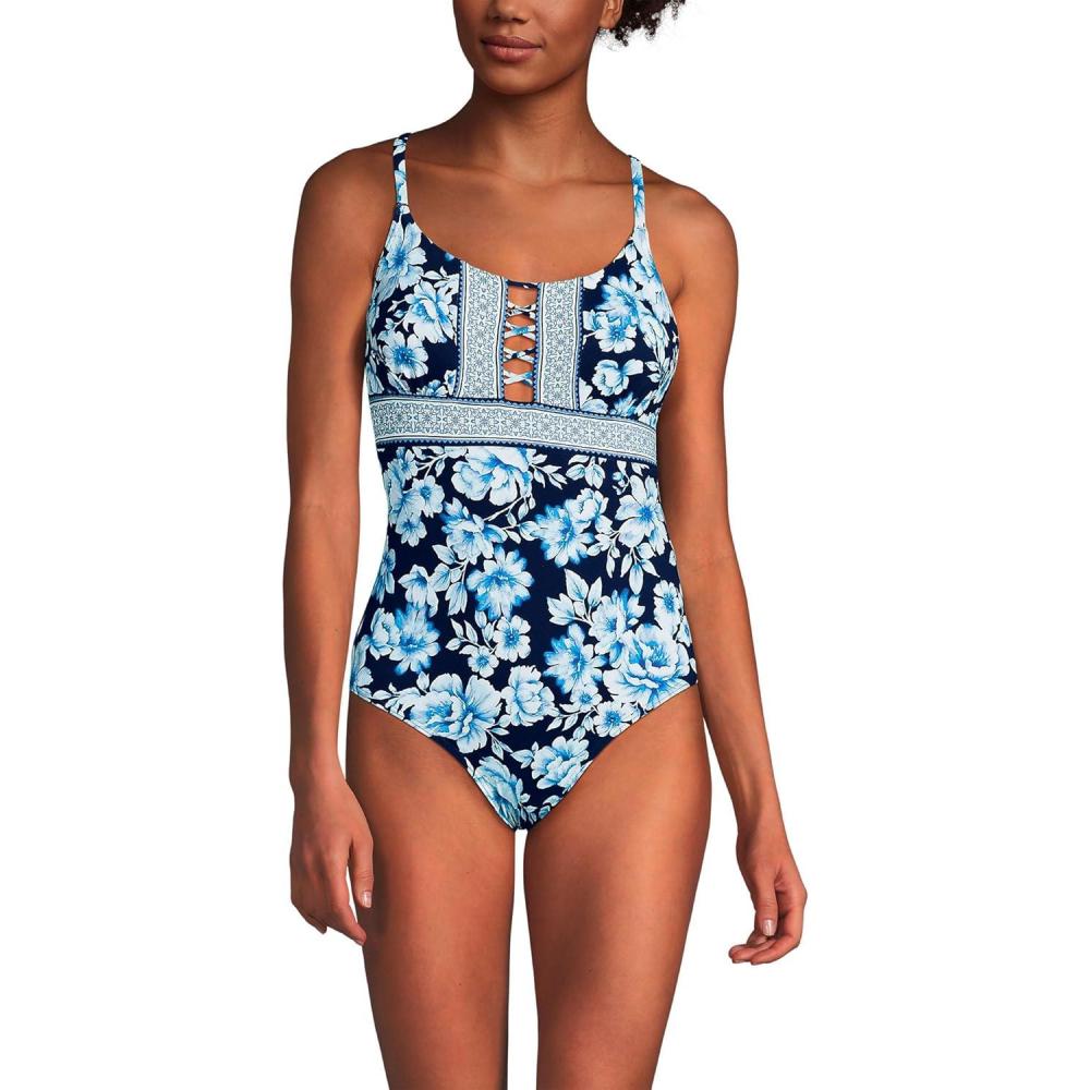 imageLands End Womens Chlorine Resistant Lace Up One Piece SwimsuitDeep Sea Navy Painted Floral