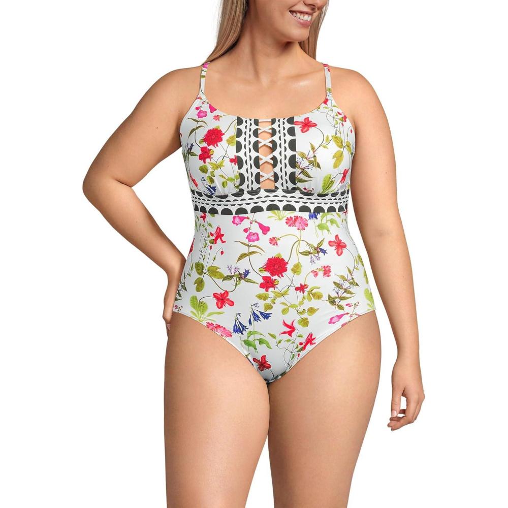 imageLands End Womens Chlorine Resistant Lace Up One Piece SwimsuitWhite Multi Garden Floral