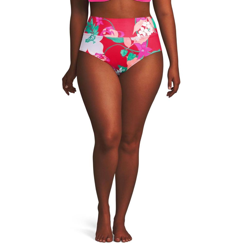 imageLands End Womens Chlorine Resistant Pinchless High Waisted Bikini BottomsCoral Rose Lilies