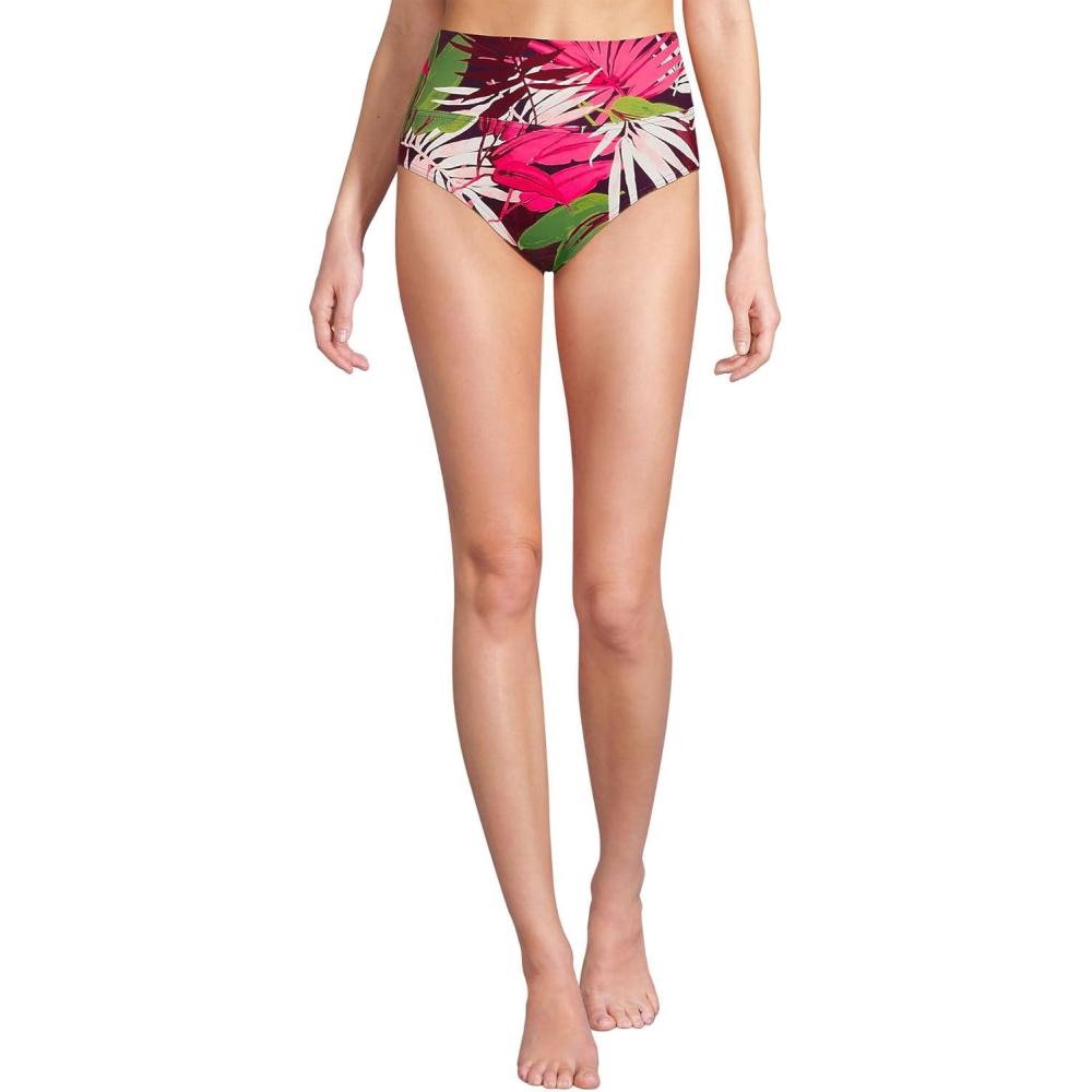 imageLands End Womens Chlorine Resistant Pinchless High Waisted Bikini BottomsDark Wine Multi Tropical Palms