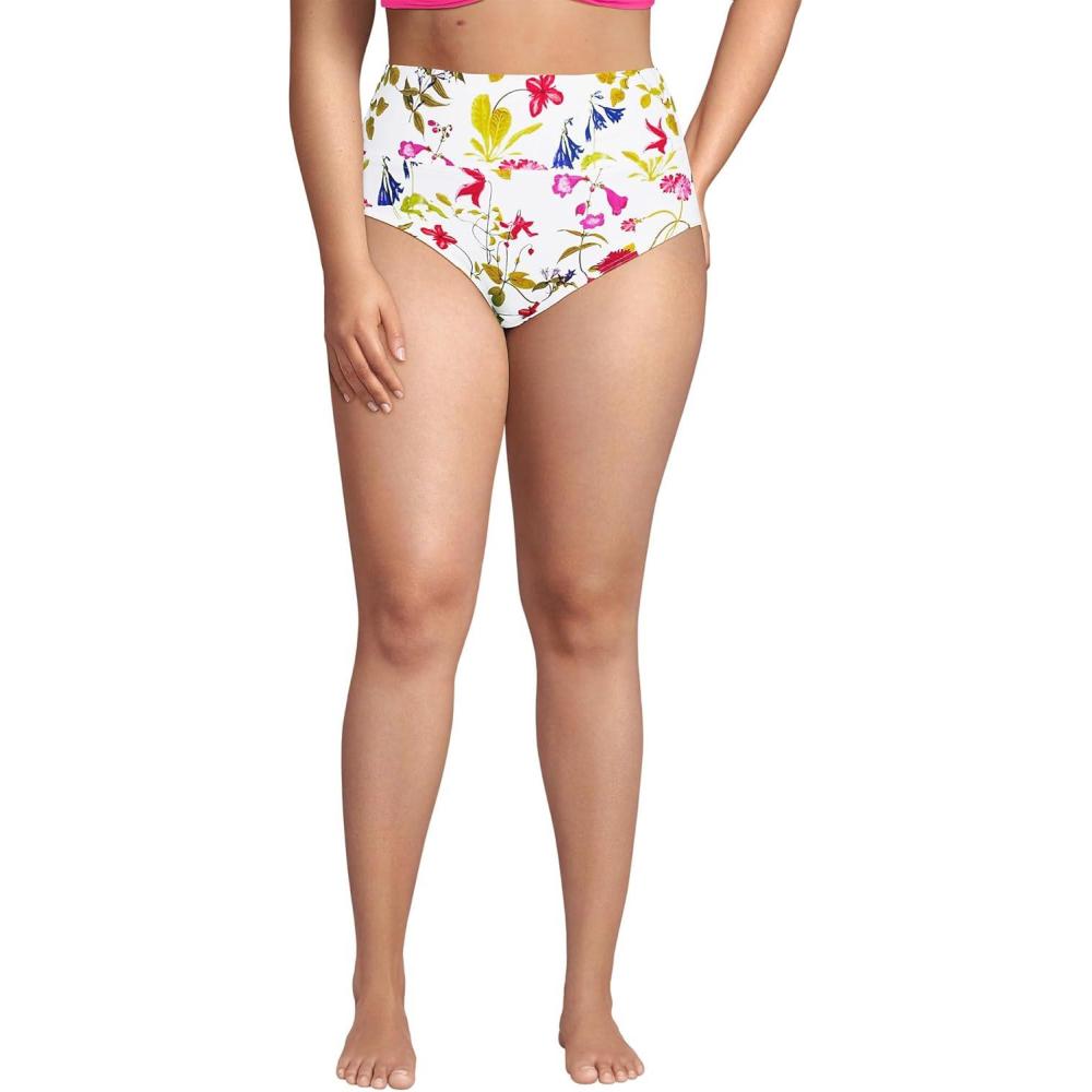 imageLands End Womens Chlorine Resistant Pinchless High Waisted Bikini BottomsWhite Multi Garden Floral